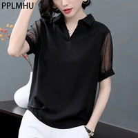 women oversized blouses black chiffon lace tees mom short sleeve v neck tops korean mesh t shirts aesthetics wholesale vintage