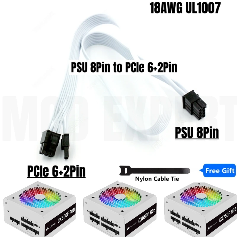 

Prenium White PSU 8Pin to PCIe 6+2Pin GPU Power Cable for Corsair CX550F CX650F CX750F RGB Modular Power Supply 18AWG 60CM