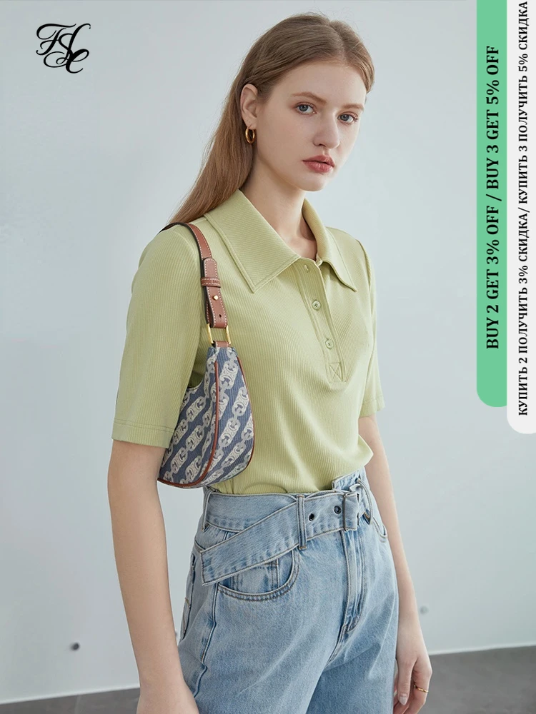

FANSILANEN Multicolor Pure Cotton Short-sleeved T-shirt Women 2021 New Summer POLO Collar Sweater Top Women Clothing