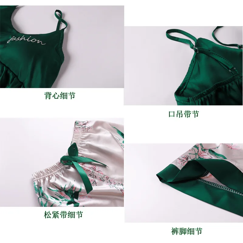 Spring Summer Female Flower Silk Satin Pyjamas Pajama Seven Pieces Set For Women Girls Sleepwear Set HomeWear Casual Sleep Cloth