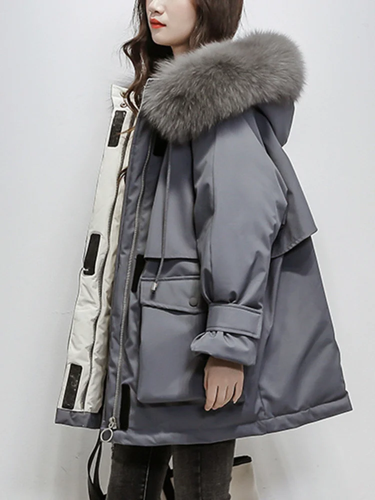 

[EAM] Gray Big Size Warm Hooded Cotton-padded Coat Long Sleeve Loose Fit Women Parkas Fashion New Autumn Winter 2022 1DF1283