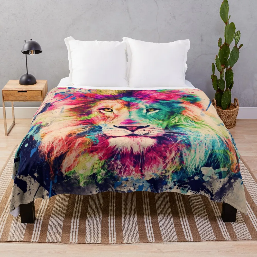 

Lion Watercolor Splash PortraitThrow Blanket oversized throw blanket embroidered blanket for sofa blanket luxury brand velvet