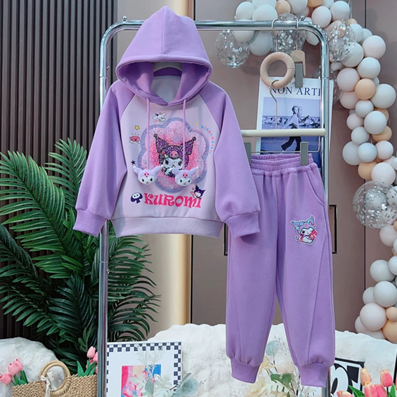 

2023 Sanrio Autumn Hooded Sweatshirt Pants 2Pcs Sequins Flip Long Sleeve Sweatshirt Girls Cartoon Korean Version Children Gifts