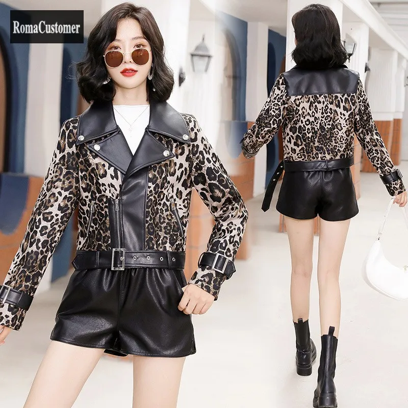 Spring Womens New Korean Version Leopard Fashion Spliced Long Sleeve Leather Jackets Zippes Short Outerwear Casual Lady Coat enlarge