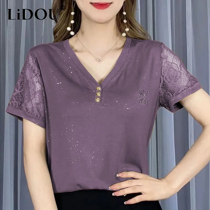 

Summer New V-neck Lace Patchwork Short Sleeve Ice Silk Fabric Cotton T-Shirts Women Fashion Sequin Button All-match Pullovers