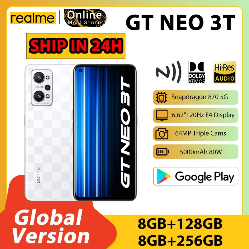

realme GT NEO 3T Global Version Snapdragon 870 5G Smartphone 80W SuperDart charging NFC 6.62" 120HZ AMOLED 64MP Primary Camera