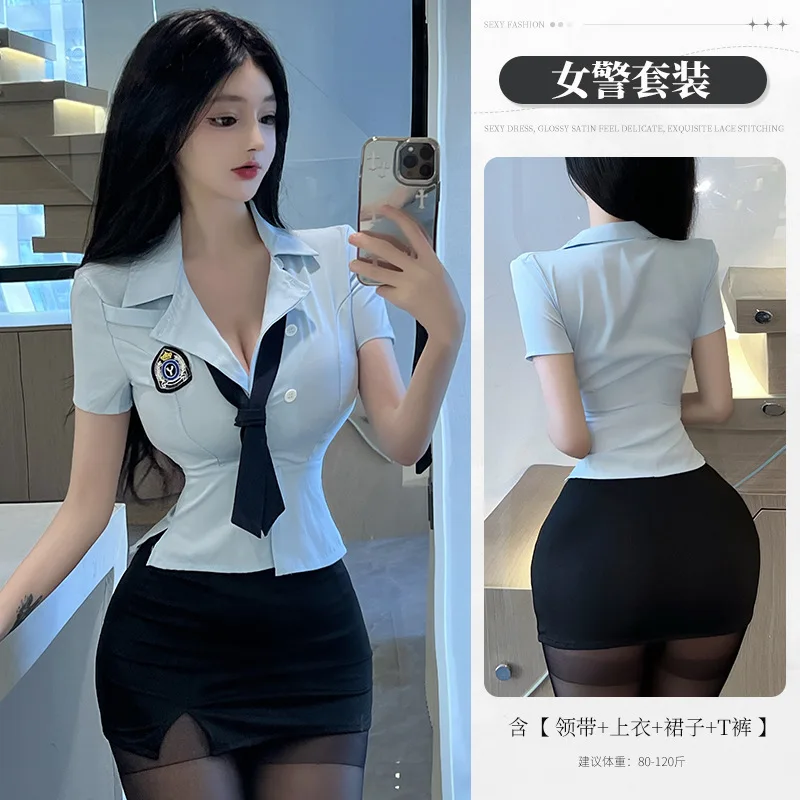 Сексуальные Полицейские женские костюмы для косплея офиса синяя юбка-гарнитур