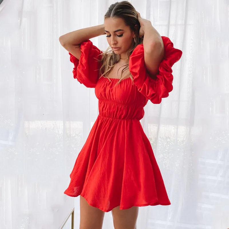 

SKMY Summer 2022 Puff Sleeve High Waist Mini Dress Sexy Slash Neck Off The Shoulder A-Line Pleated Dress Beach Party Clubwear