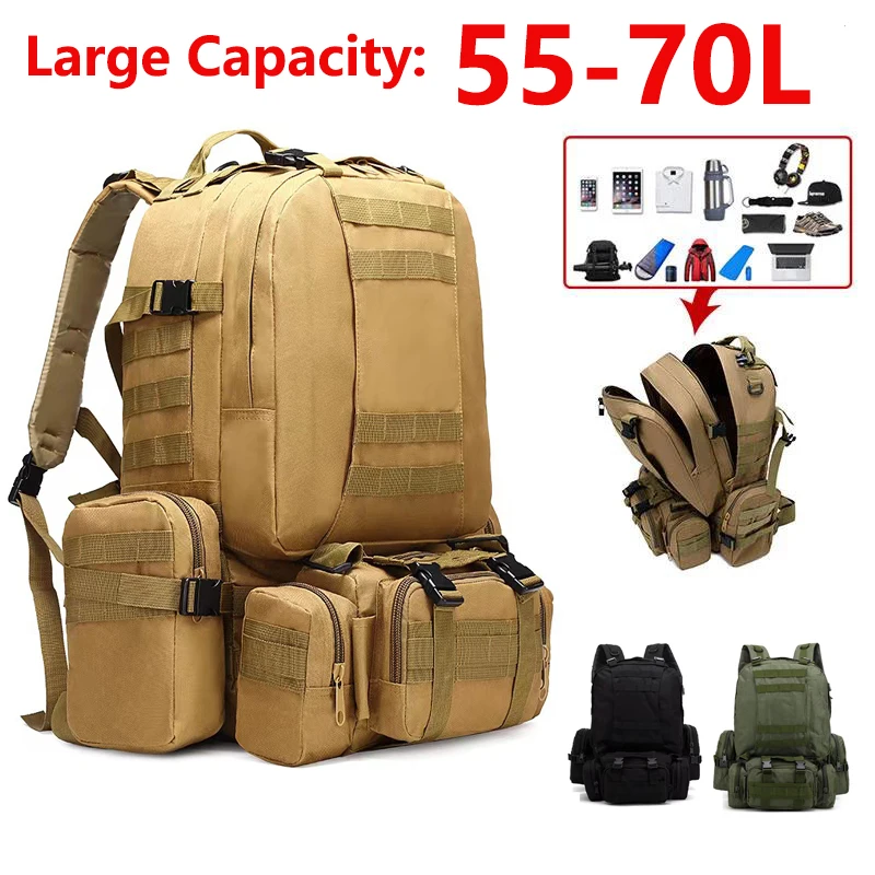 

55L-70L Large Capacity Military Backpack 4 In 1 Molle Sport Bag Men Waterproof Outdoor Hiking Camping Travel 3D Mochila Rucksack