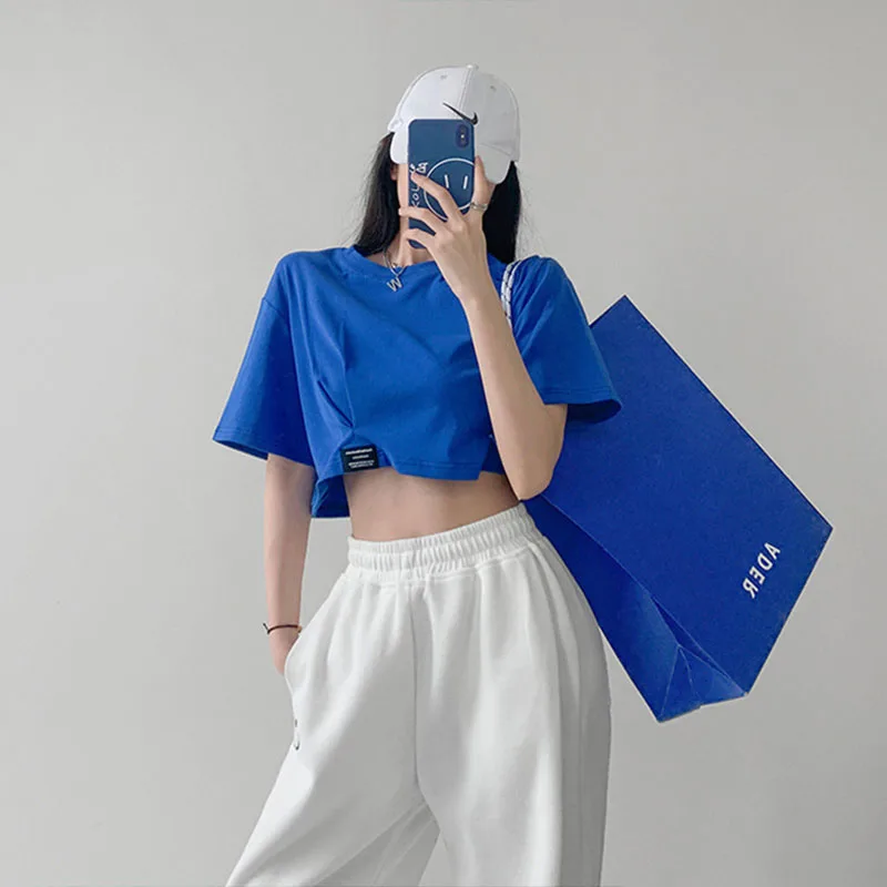 

Summer Y2K Crop Tops Women Korean Fashion Short Sleeve T-shirt Patchwork All-match O-Neck Solid Colour Harajuku Pullover Tees