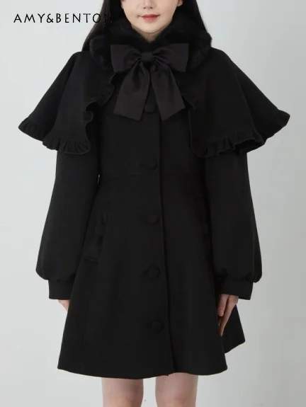 Японские милые шерстяные куртки средней длины со строчкой в стиле ретппи милое