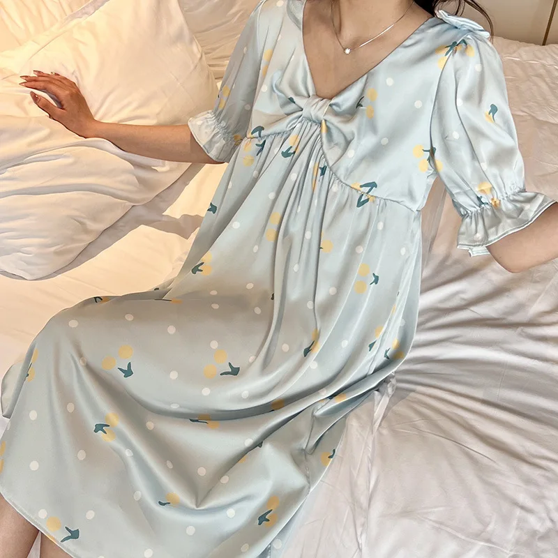 

Summer Casual Night Dress Sleepwear Nightgown Printing Bow V Neck Short Sleeve Ruffles Sleep Dress Ice Silk Bow Home Clothes