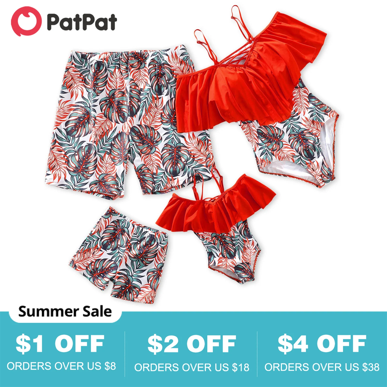 

PatPat Family Matching Allover Tropical Plants Print Swim Trunks Shorts and Spaghetti Strap Ruffle One-Piece Swimsuit
