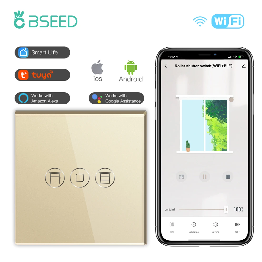

Беспроводной Wi-Fi переключатель BSEED, шторы с одним умным сенсорным выключателем, глухой переключатель с поддержкой приложения Tuya Google Assistant Smart Life