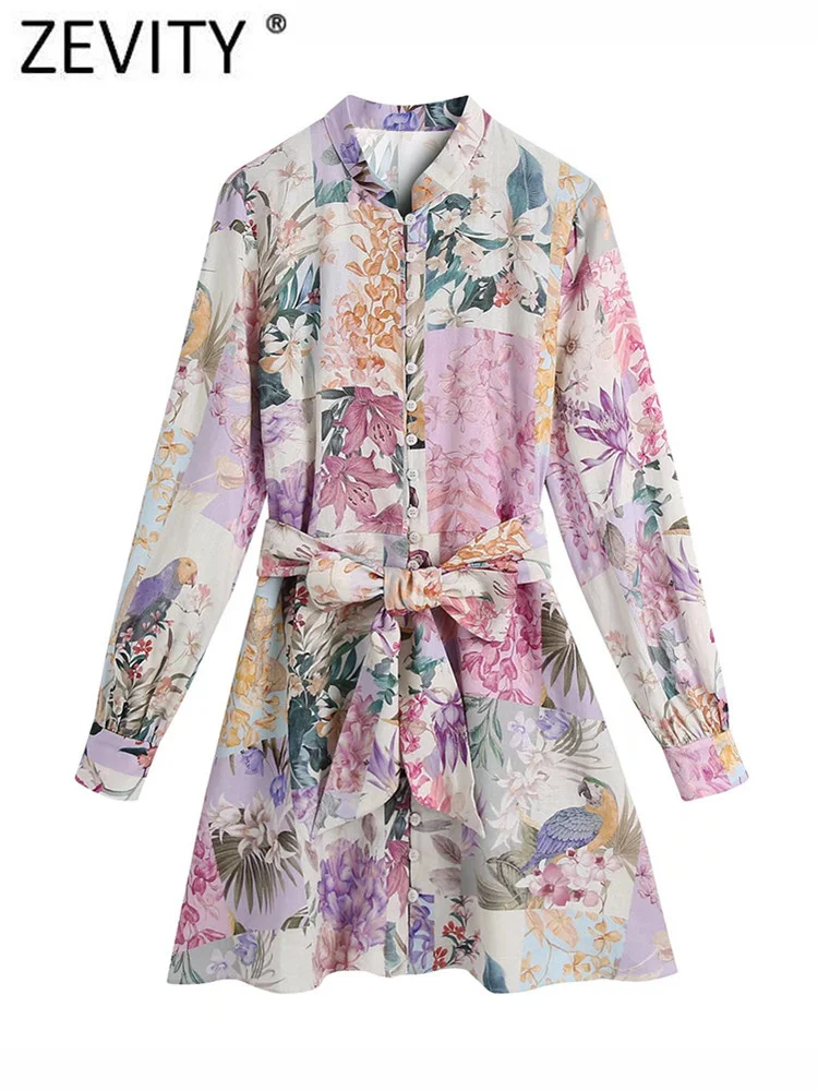 

Zevity Women Vintage Floral Print Patchwork Breasted Mini Shirt Dress Ladies Chic Bow Sashes Casual Kimono Vestidos Mujer DS714