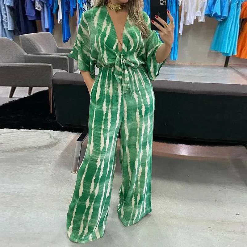 Plus-size Women's Fashion Spring and Summer New Simple Casual Personality V-neck Tie Loose Three-quarter-sleeved Jumpsuit