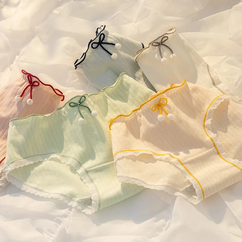 

Japanese Hair Ball Bow Solid Color Simple Panties for Women Girl Student Cotton Crotch Mid Waist Panties Wholesale
