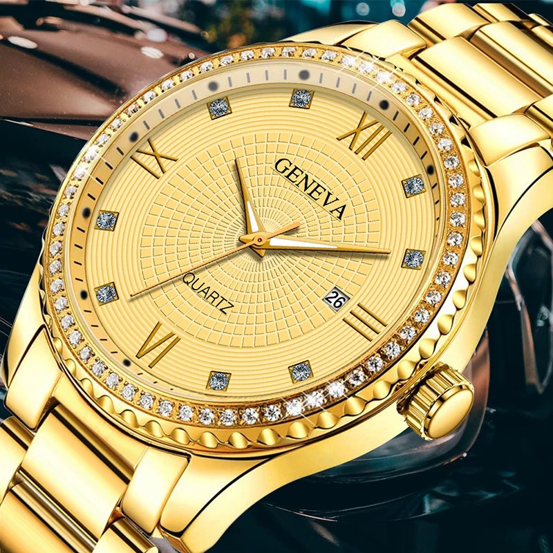 GENEVA Top luxury men's watch circular diamond dial automatic calendar tungsten steel strap men's watch clock timer
