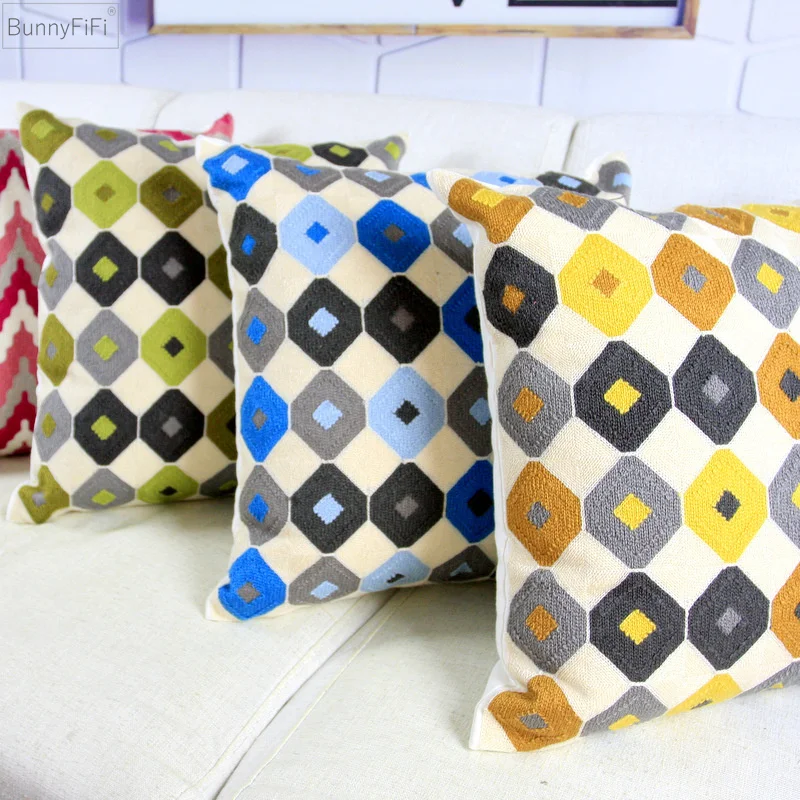 

Geometric Decor Embroidered Home Cushion Cover Blue Yellow Green Abstract Canvas Cotton Square Embroidery Pillow Cover 45x45cm