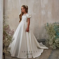 ivory satin flower girls dresses with bow sash first communion dress for little kids party birthday dress pageant gown