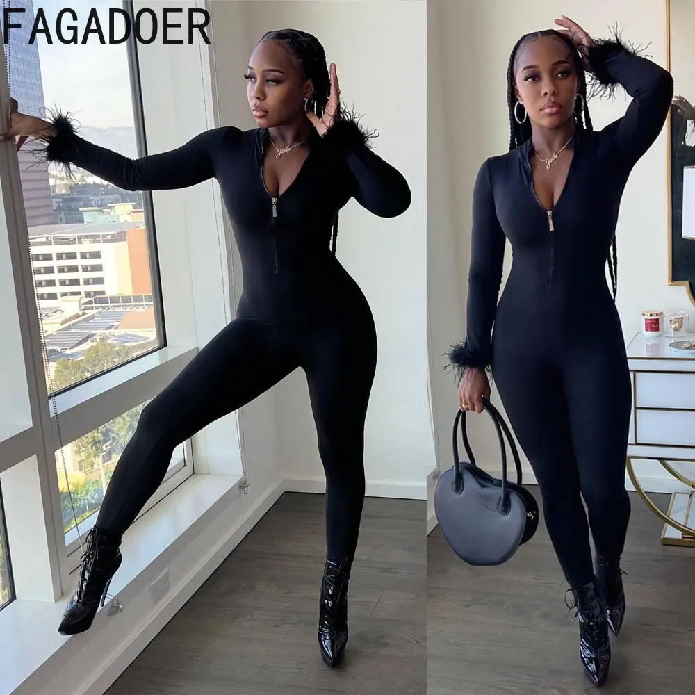 FAGADOER Fashion Street Style Women Zipper V Neck Fur Patchwork Bodycon Jumpsuit Female Solid Color Slim Rompers Female Playsuit