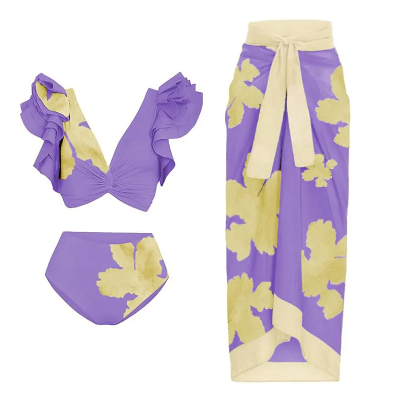 

Women Swimsuits Bold Cutout Golden Leaves Print Two-Piece Swimsuit Set Paired with a Sun Protection Cover-Up, Full of Charm