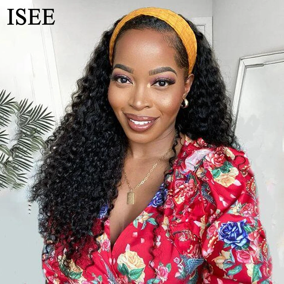 ISEE HAIR Kinky Curly Headband Wig 180% Curly Human Hair Wigs For Women Headband Deep Wave Curly Wig Full Machine Made Wigs