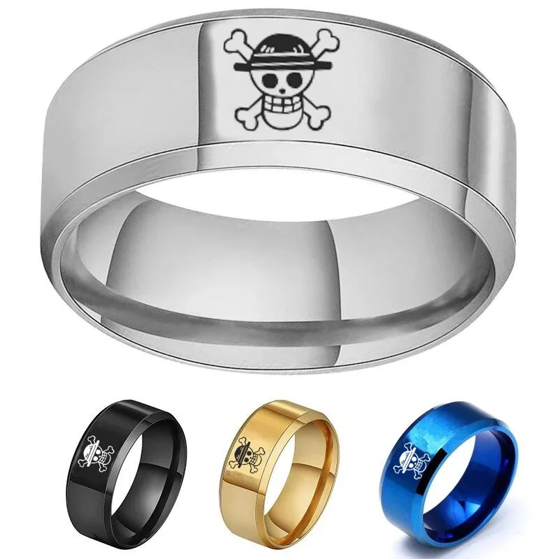 

Fashion 2021 One Piece Ring Anime Stainless Steel Rings For Men Straw Hat Luffy Pirates Men's Rings Bague Heren Ghibli Rings