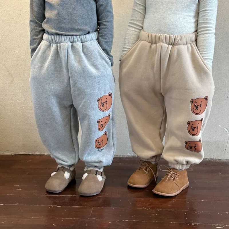 

Kids Fleece Lining Sweatpants Winter cartoon bear thicken warm sports Trousers Boys and girls soft loose casual pants