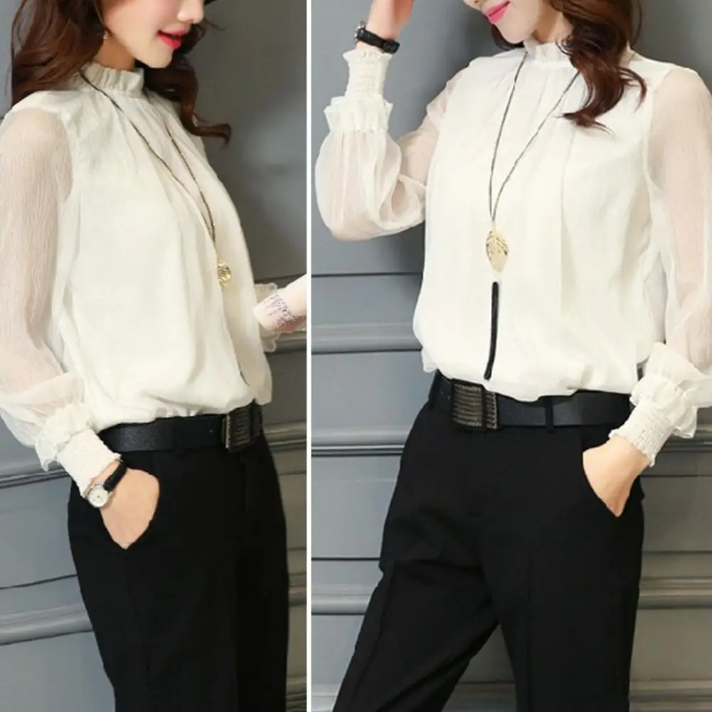

Trendy Office Shirt Back Button Versatile Colorfast Elegant Ruffle Collar Solid Color Chiffon Shirt