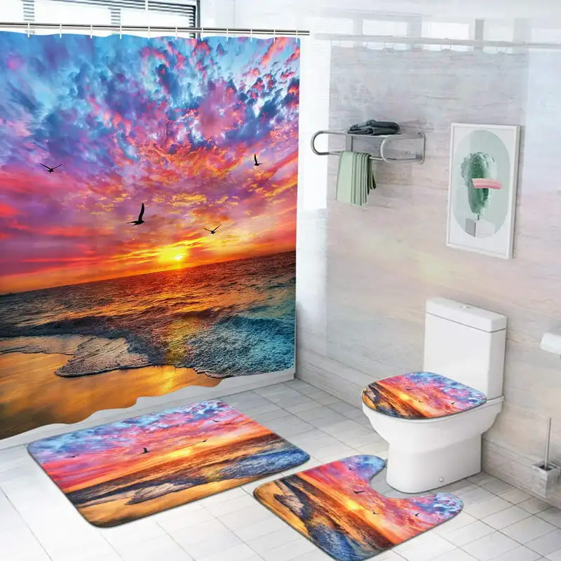 

Beach Shower Curtain and Rug Sets, Purple Sunset Pattern Polyester Bathroom Decor Set, Waterproof Shower Curtain with 12 Hooks a