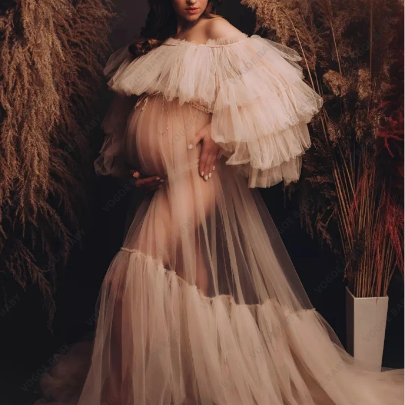 Maternity Photography Dresses Elegant Baby Shower Dress Ruffle Tulle Maternity Gown Pregnancy Women Photo Shot Long Dress