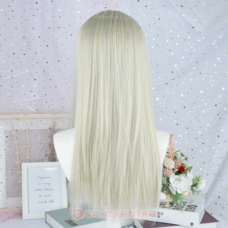Длинные прямые белые платиновые синтетические парики с челкой для женщин Белый