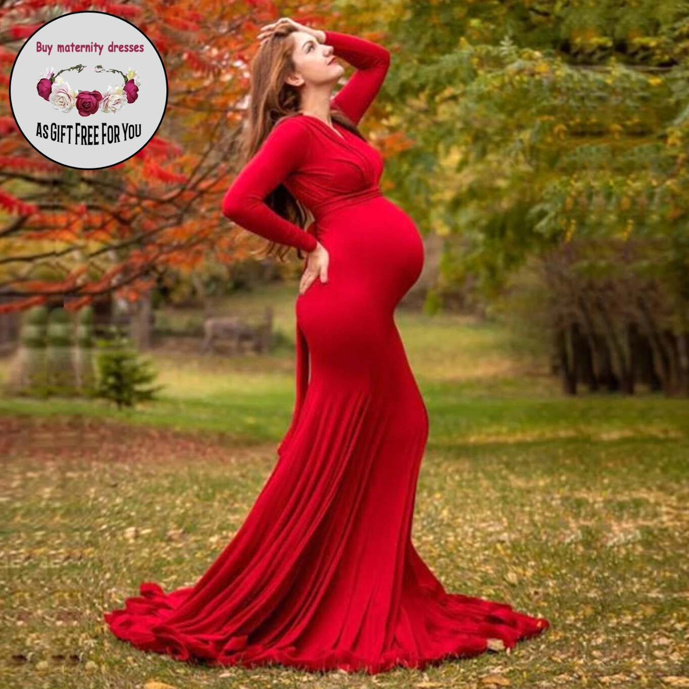 Woman  Pregnant  Dress for  Photography Mercerized Cotton Deep V-neck Long Sleeve  Fluttering Tail  Long Skirt