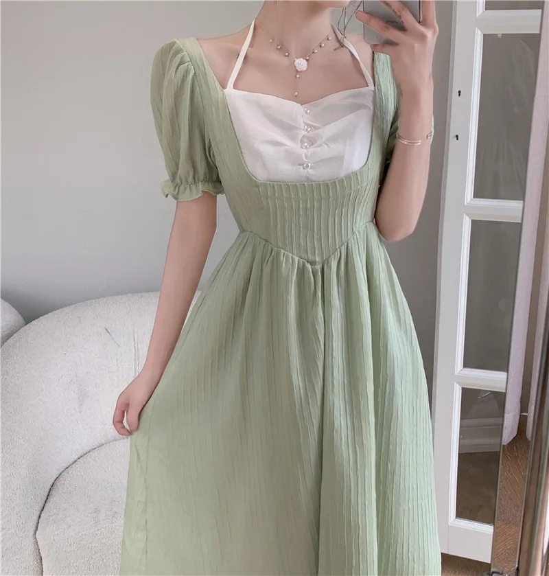 

2022 Summer New Women's French Elegant Dress Halter Neck Stitching Puff Sleeve A-line Skirt Mature Temperament Ladies Clothing