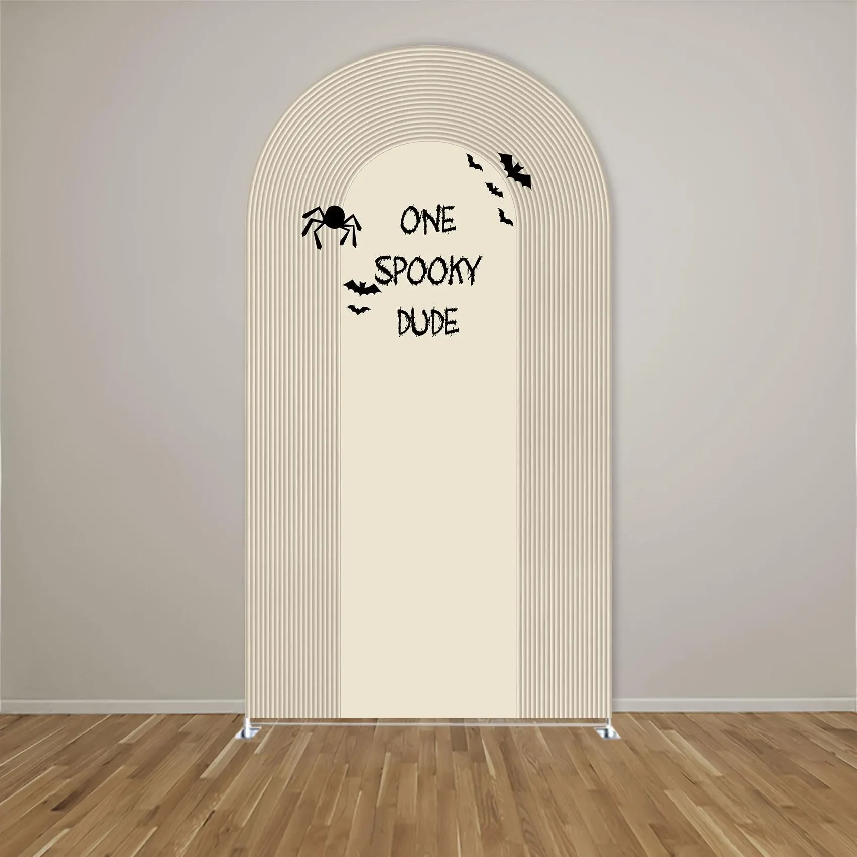 Фото Фон для фотостудии Mocsicka One Spooky Dude: арка для детского праздника, черно-белые полосы, Хэллоуин, первый день рождения мальчика №2