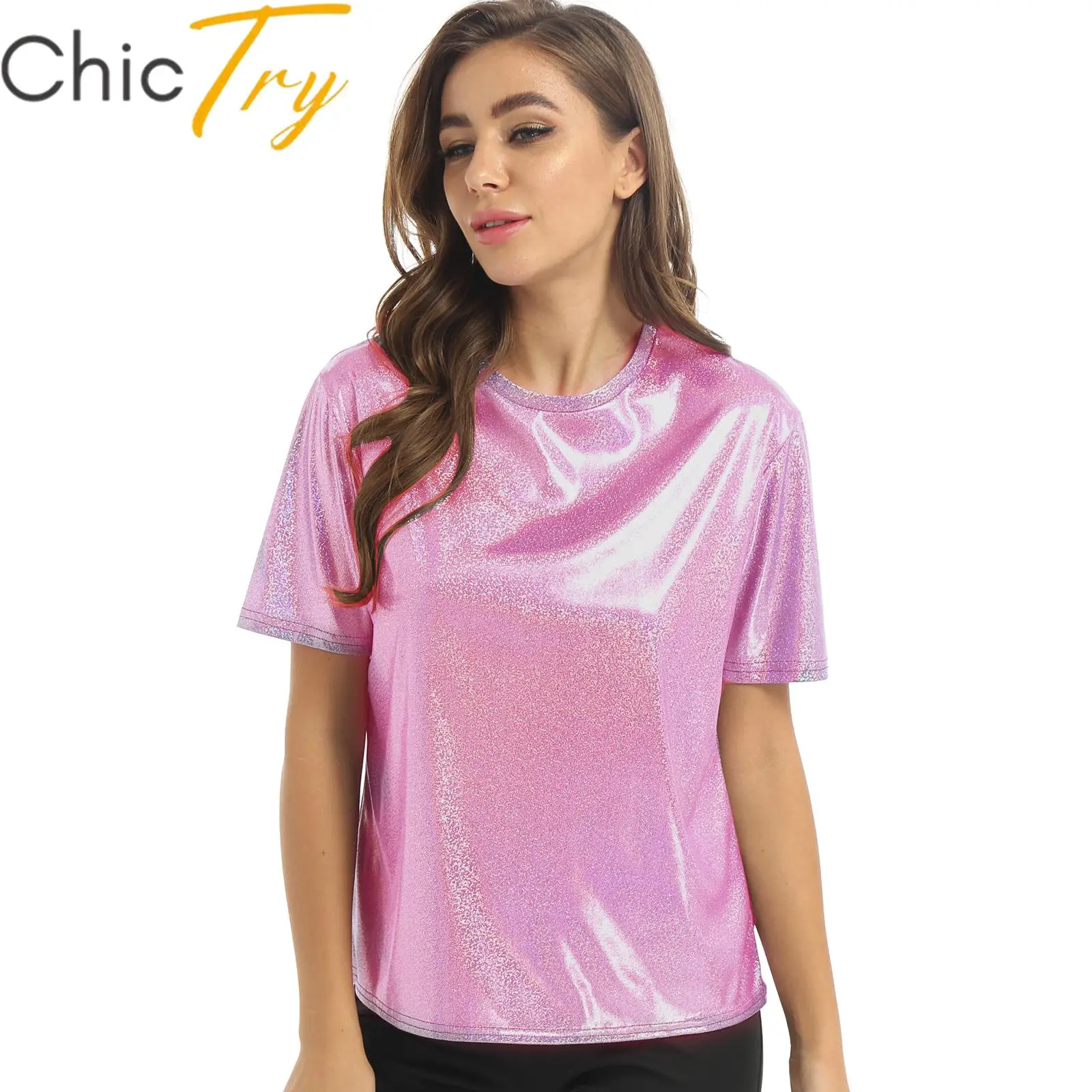 

Womens Shiny Metallic T Shirt Blouse Casual Sparkling Round Neck Tops for Rave Party Clubwear Costumes Stage Performance Dancing