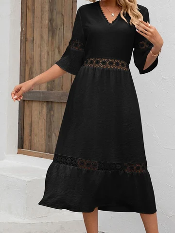 Elegant White Midi Dresses Women Summer Short Sleeve V Neck Dresses Fashion Hollow Out Casual Loose High Waist Dress Vestidos