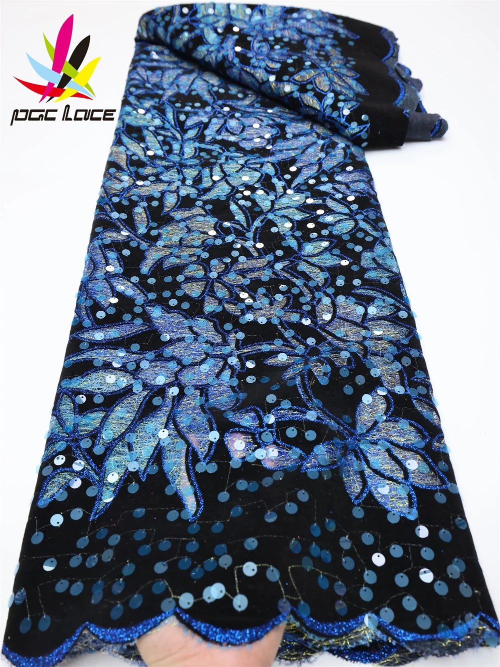 PGC Blue Nigerian Velvet Lace Fabrics 5 Yards African Lace Fabric 2022 High Quality French Lace Material With Sequins  LY766-8