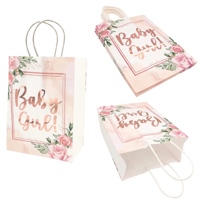 

5Pcs Baby Girl Candy Paper Bags With Flower Kids Birthday Party Gift Packaging Bag Baby Shower Gender Reveal Decoration Supplies