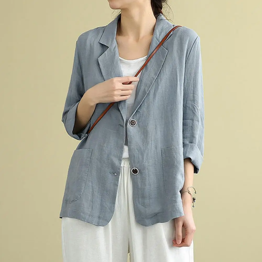 

Minimalism Women Black Casual Linen Blazer New Notched Short Sleeve Loose Fit Jacket Fashion Autumn Summer 2022