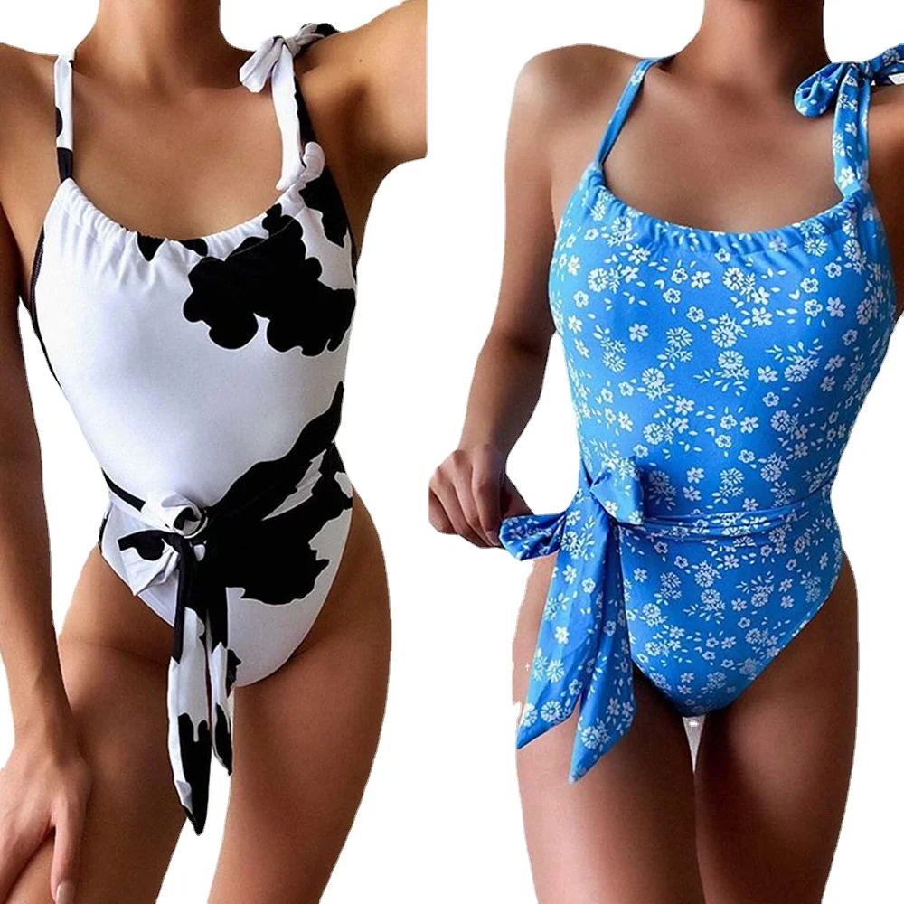

Blue Flower Lace-up Jump Suits for Women Summer Sleeveless Sexy Bow Tunic One Piece Swimsuit Women Y2k Beach Sport Romper Bikini