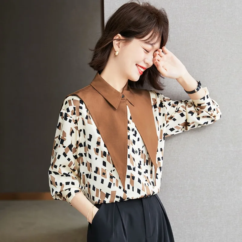 

Floral Women's Shirts Summer 2023 New Printed Chiffon Blouses Loose Casual Long Sleeves Polo Neck Tops Ladies Clothing YCMYUNYAN