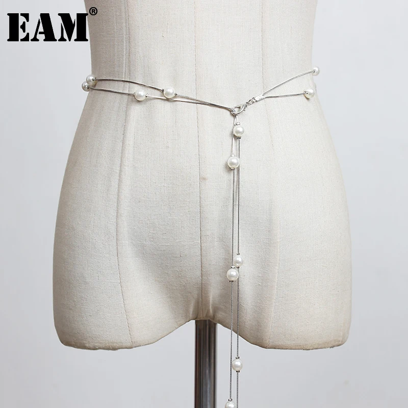 

[EAM] Pu Leather Pearl Split Metal Chain Long Belt Personality Women New Fashion Tide All-match Spring Autumn 2023 1DD0193