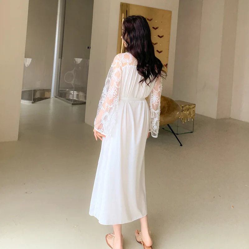 Pajamas Women's Summer Cool Ice Silk Pajamas Palace Style Lace Long Xianqi Morning Robe Home Fury
