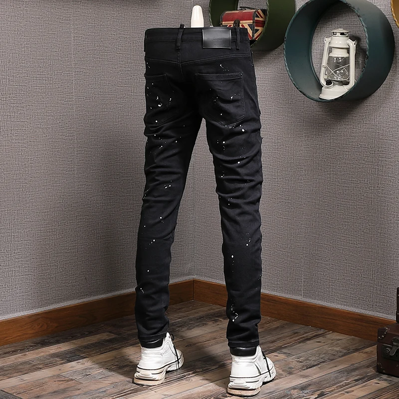 Street Fashion Men Jeans High Quality Black Stretch Elastic Slim Ripped Jeans Men Painted Designer Hip Hop Brand Pants Hombre