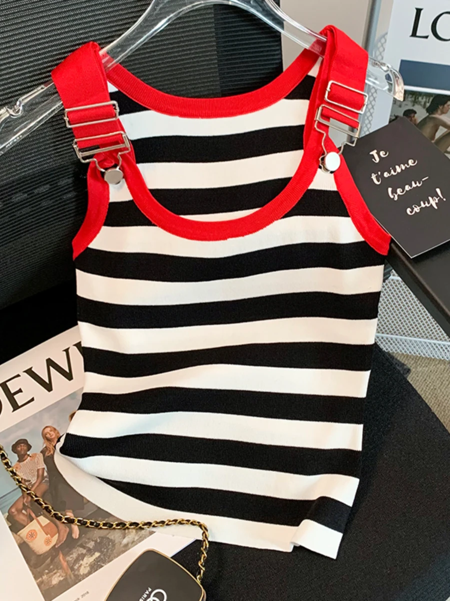 

women top New Fashion Contrast Color Striped Sleeveless Camisole vest Women 2023 Summer Sweet Slim Fit Round Neck Pullover Tank
