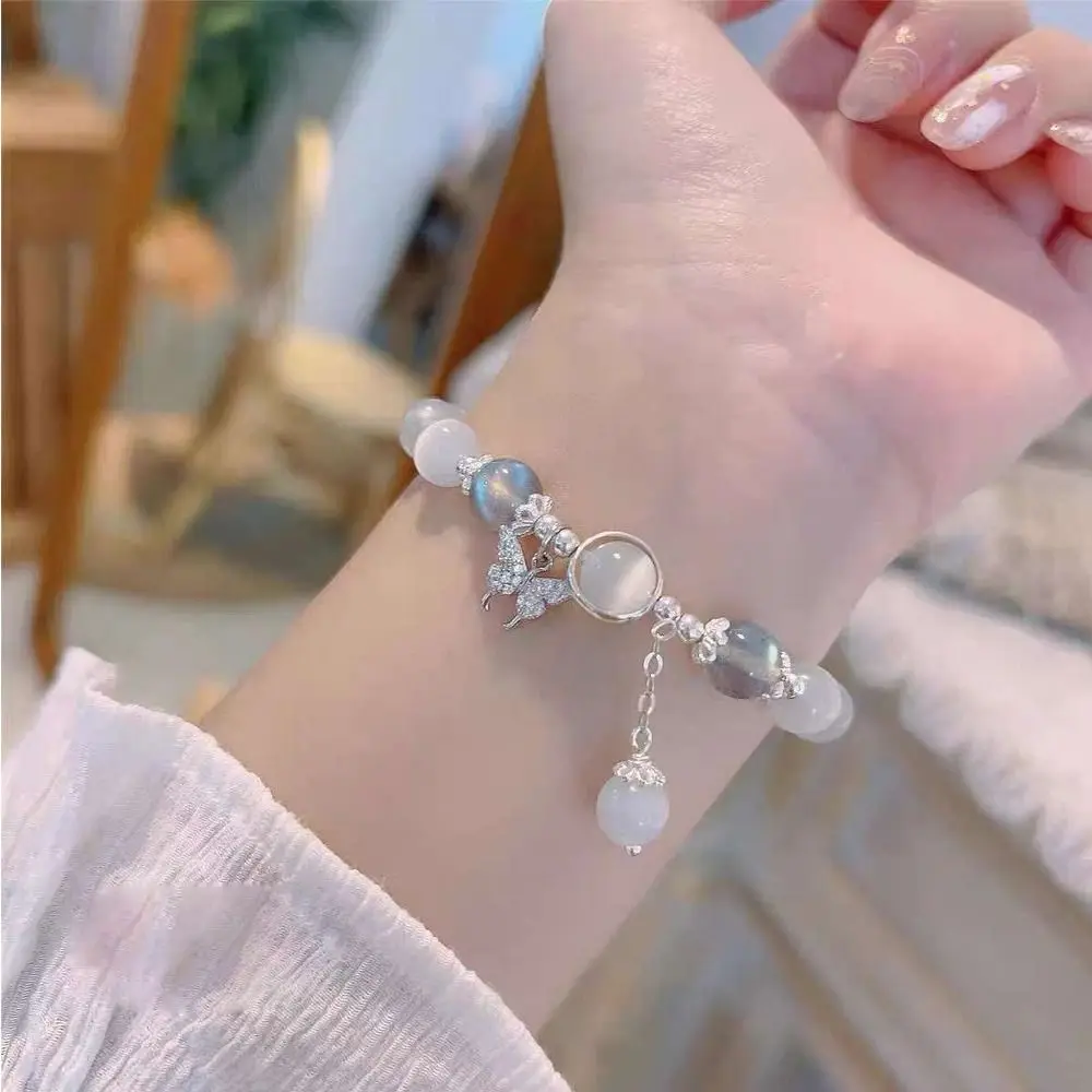 

2023 Korean Opal Bracelet for Women Ins Moonstone Crystal Bead Star Butterfly Pendant Bracelet Exquisite Jewelry Gifts