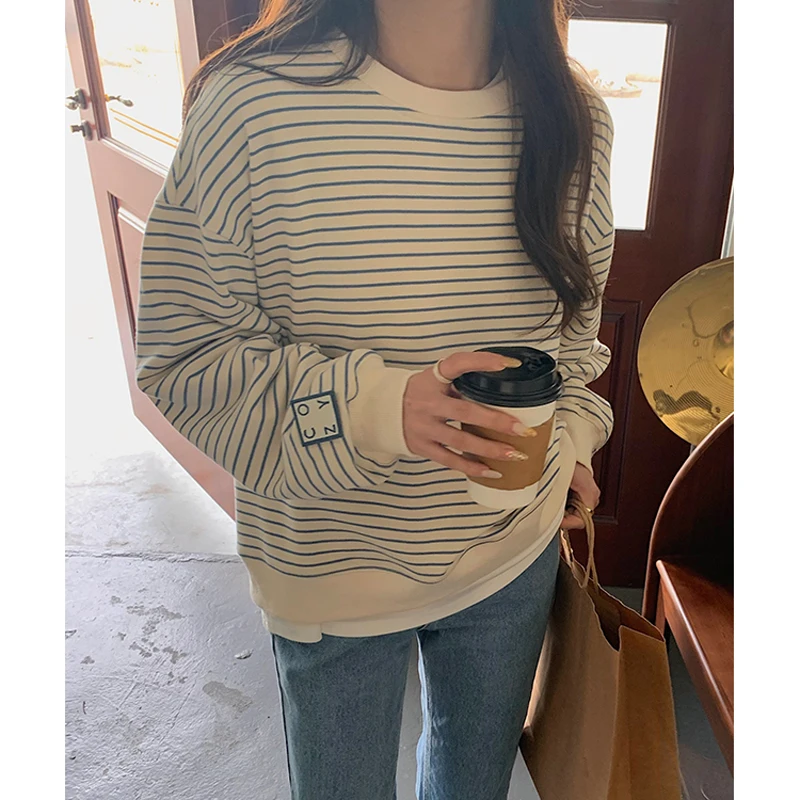 

Loose Drop Sleeve Streetwear Oversized Kawaii Striped Sweatshirt Women Spring Autumn Fashion Casual Girls Pullovers Dropshipping