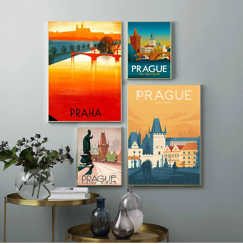 Фото Винтажные постеры из крафт-бумаги на холсте с принтом Праги | Дом и сад